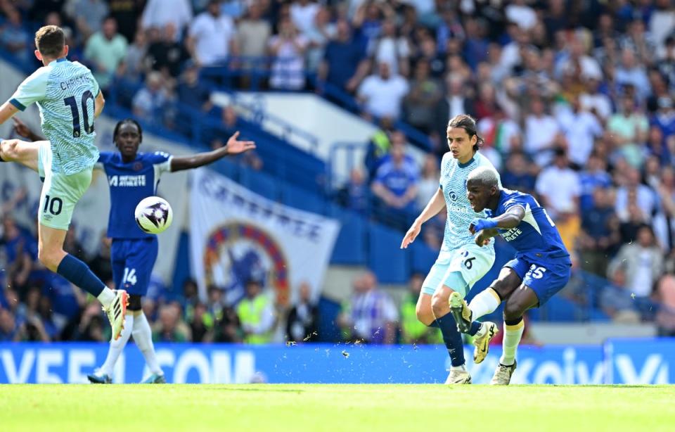 Moises Caicedo fires at goal from the halfway line (Chelsea FC via Getty Images)