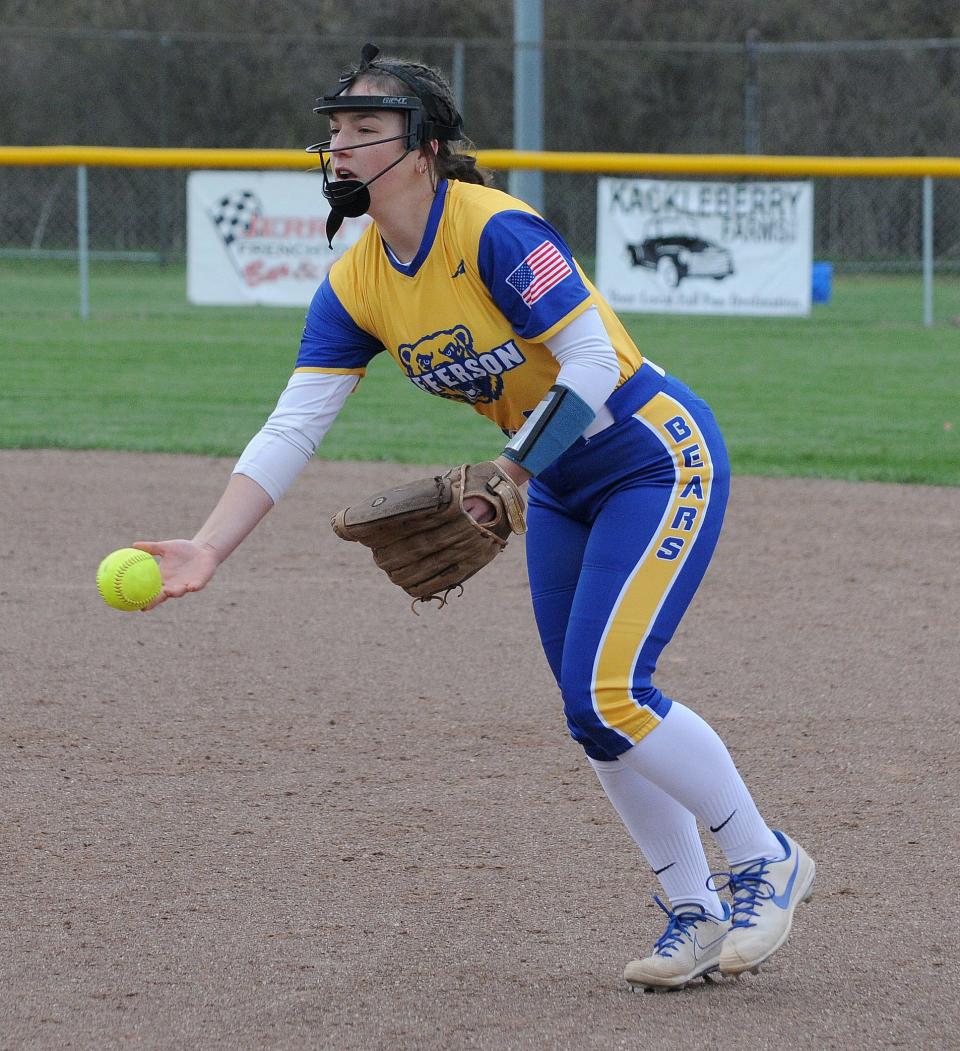 Second baseman Lindsay Gennoe of Jefferson tosses to first base for an out during an 8-2 victory over St. Mary Catholic Central Wednesday.