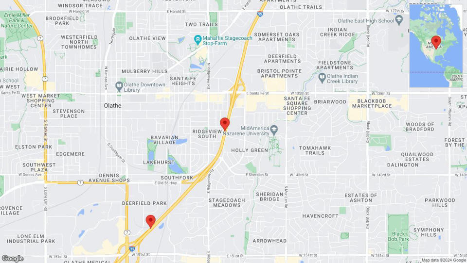 A detailed map that shows the affected road due to 'Heavy rain prompts traffic advisory on westbound I-35 in Olathe' on May 19th at 10:42 p.m.