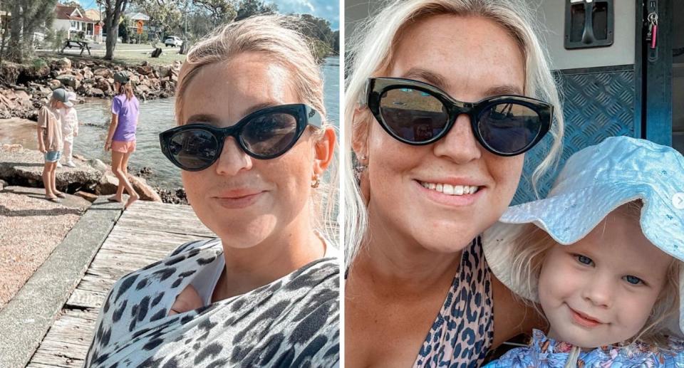 Brooke Bliss in sunglasses at the beach (left) and with her daughter (right).