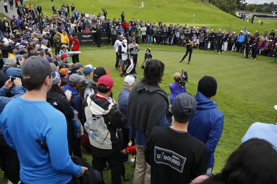 Dustin Johnson tees off on the 10th hole during the second round of the Genesis Open golf tournament at Riviera Country Club Saturday, Feb. 18, 2017, in the Pacific Palisades area of Los Angeles. (AP Photo/Ryan Kang)