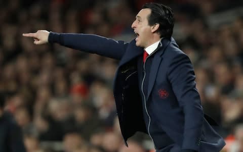 Arsenal's coach Unai Emery gives instructions from the side line during the Europa League round of 32 second leg soccer match between Arsenal and Bate at the Emirates stadium in London, Thursday, Feb. 21, 2019 - Credit: AP