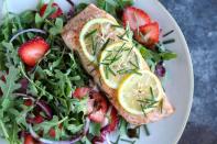 <p>This is everything we want in a summer meal: Fast, easy and super fresh.</p><p>Get the <a href="https://www.delish.com/uk/cooking/recipes/a32487382/roasted-salmon-with-strawberry-recipe/" rel="nofollow noopener" target="_blank" data-ylk="slk:Roasted Salmon with Strawberry-Rocket Salad" class="link ">Roasted Salmon with Strawberry-Rocket Salad</a> recipe.</p>