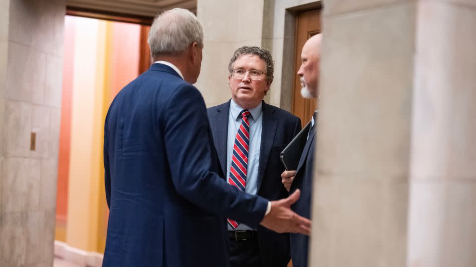 From left, Reps. Ralph Norman, Thomas Massie and Chip Roy are seen in US Capitol office of House Speaker Mike Johnson on April 17. - Tom Williams/CQ-Roll Call, Inc/Getty Images