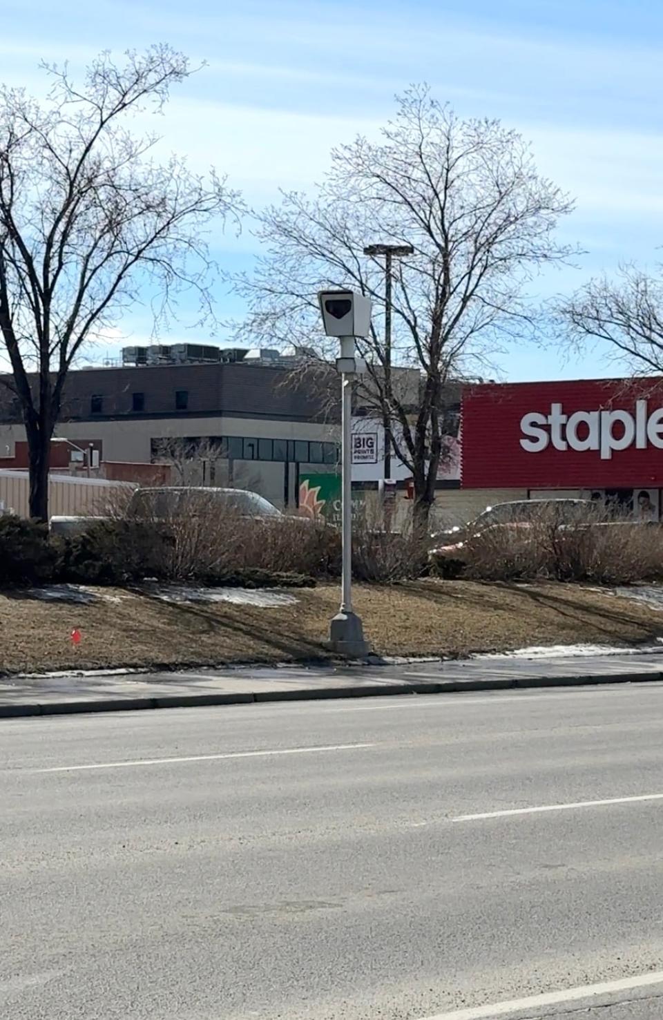 One of Calgary's intersection safety cameras at 9th Avenue and 11th Street S.W., where over 15,000 speed-on-green tickets were issued in 2023.