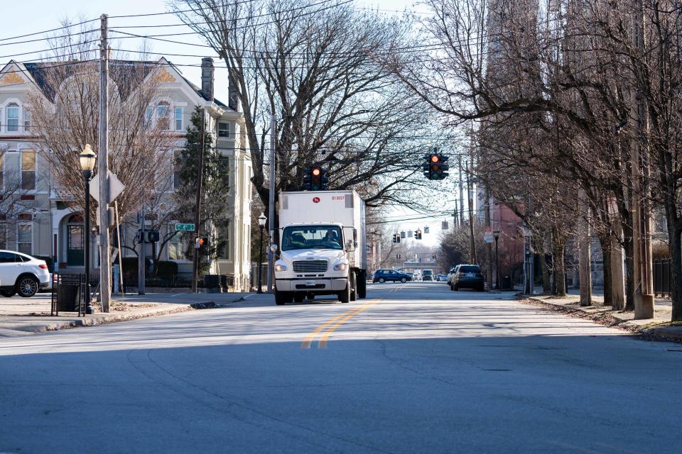 A truck drives down St. Catherine Street in Louisville on Monday, Feb. 5, 2024.