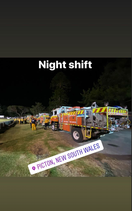 An image of fire trucks lined up with the location tag of Picton posted by Andrew O'Dwyer before his death amid the NSW bushfires.