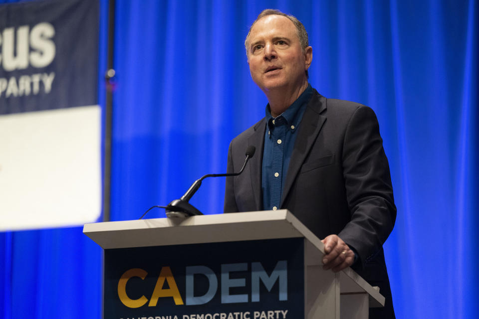 Rep. Adam Schiff, who is running for U.S. Senate, speaks to the Labor Caucus at the California Democratic Party fall endorsing convention, Friday, Nov. 17, 2023, at SAFE Credit Union Convention Center in Sacramento. (Lezlie Sterling/The Sacramento Bee via AP)