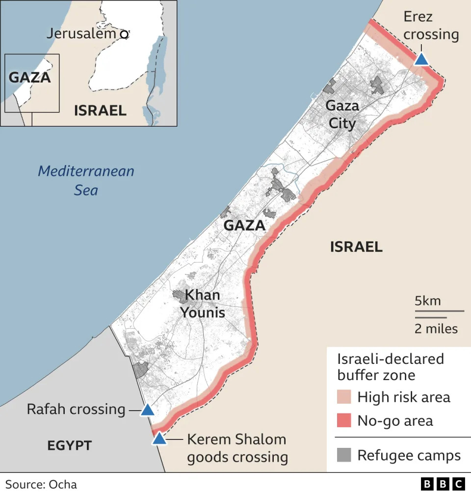 Map showing Gaza urban areas and refugee camps with the high-risk and no-go areas of the Israeli declared buffer zone around its border. Gaza has three border crossing points - Erez into Israel in the north and Rafah and Kerem Shalom into Egypt in the south - although they are not always open