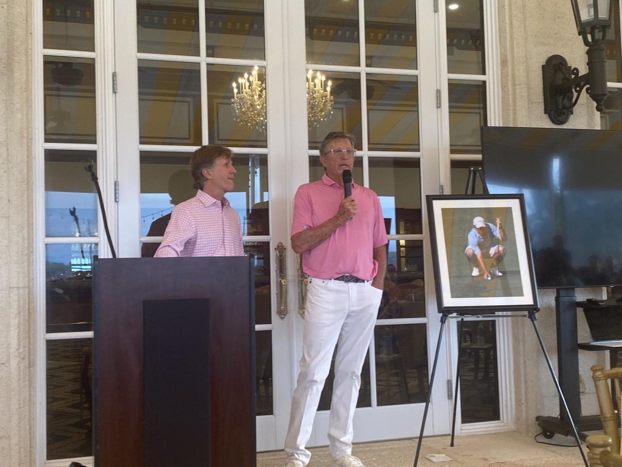 Brett (left) and Dana Quigley at Thursday's Celebration of Life for Devon Quigley (in portrait) at Trump International Golf Club.