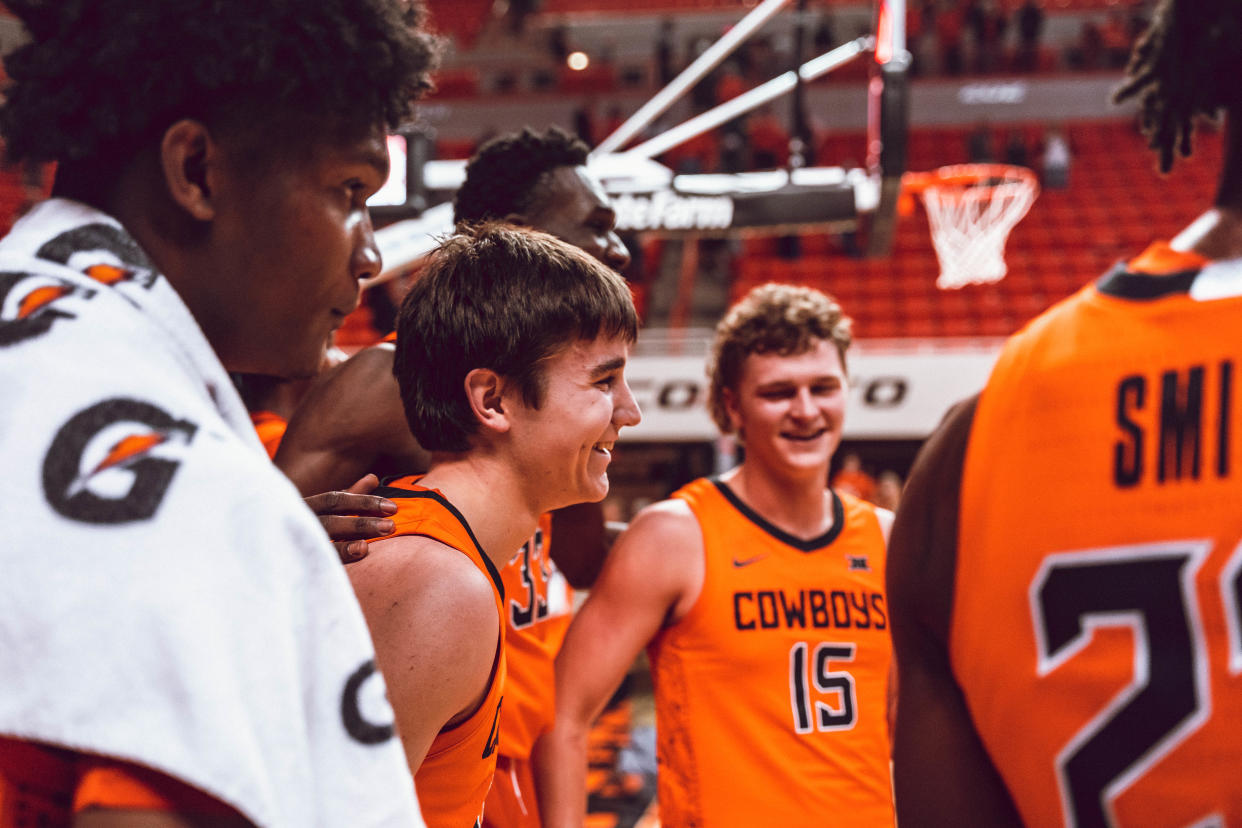 OSU's Weston Church, center, and Carson Sager (15) are among the six players being honored at Senior Day on Tuesday night.
