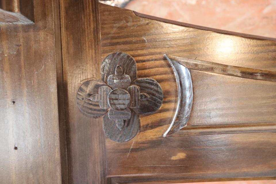 An intricate wood design is on one of the many pieces shipped over from Ireland and being assembled at the Wexford in City Market.