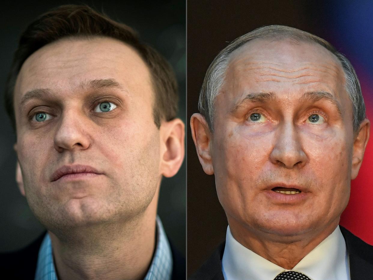 (COMBO) This combination of pictures created on October 1, 2020 shows Russian opposition leader Alexei Navalny (L, on January 16, 2018 in Moscow) and Russian President Vladimir Putin (on July 4, 2019 in Rome). - Russian opposition leader Alexei Navalny has accused President Vladimir Putin of being behind his poisoning, in his first interview published since he left the German hospital where he was treated. "I assert that Putin is behind this act, I don't see any other explanation," he told the German weekly Der Spiegel, which published extracts from the interview on its website Thursday, October 1, 2020. (Photos by Mladen ANTONOV and Tiziana FABI / AFP) (Photo by MLADEN ANTONOV,TIZIANA FABI/AFP via Getty Images)