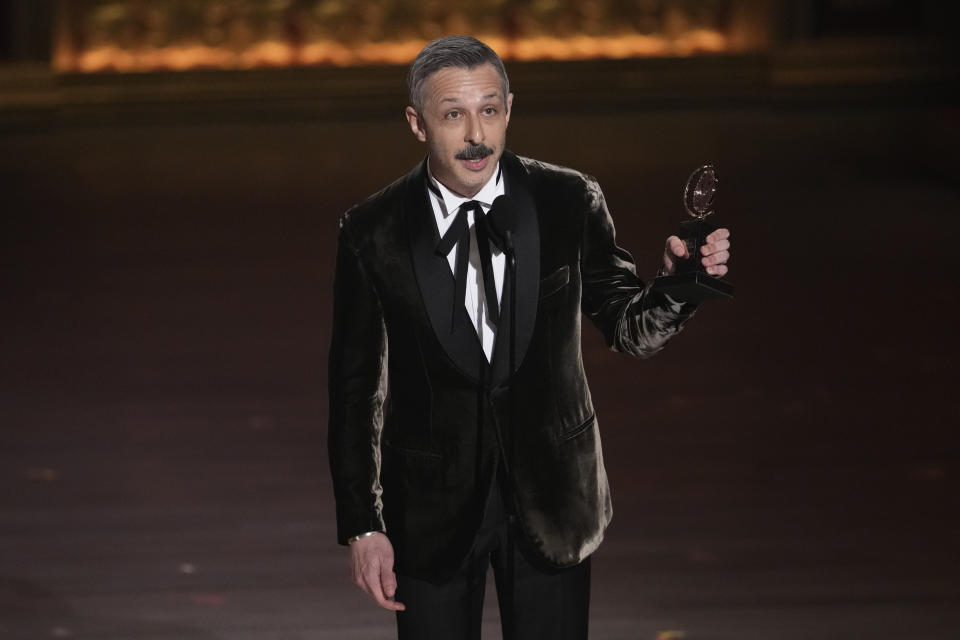 Jeremy Strong accepts the award for best performance by an actor in a leading role in a play for "An Enemy of the People" during the 77th Tony Awards on Sunday, June 16, 2024, in New York. (Photo by Charles Sykes/Invision/AP)