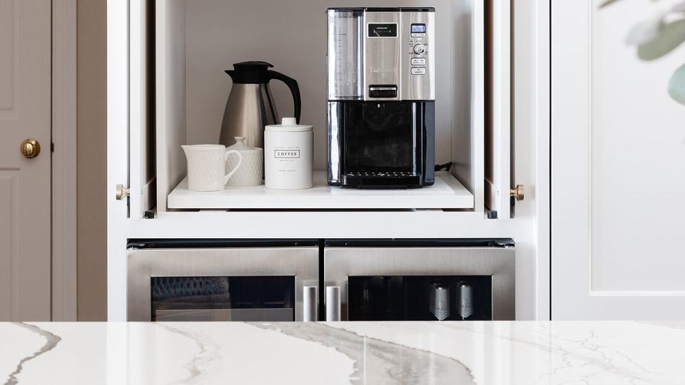 coffee bar ideas, all white and stainless coffee station inside cabinet