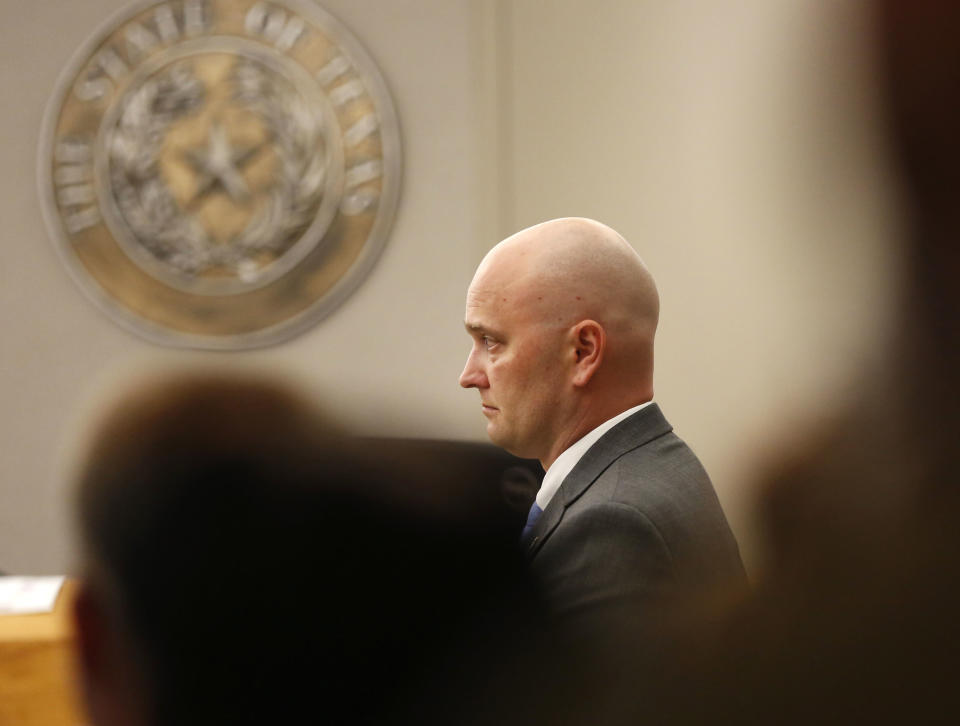 Defendant Roy Oliver, former Balch Springs police officer who is charged with the murder of 15-year-old Jordan Edwards, stands during the defense's closing arguments in his trial at the Frank Crowley Courts Building in Dallas on Monday, Aug. 27, 2018. (Rose Baca/The Dallas Morning News via AP, Pool)