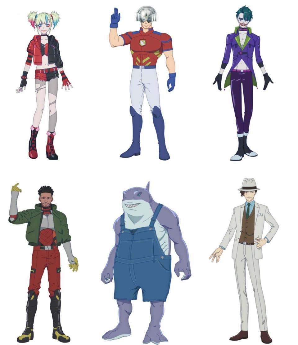 The character designs for Harley Quinn, Peacemaker, Joker, Deadhsot, King Shark, and Clayface for the anime series Suicide Squad ISEKAI.