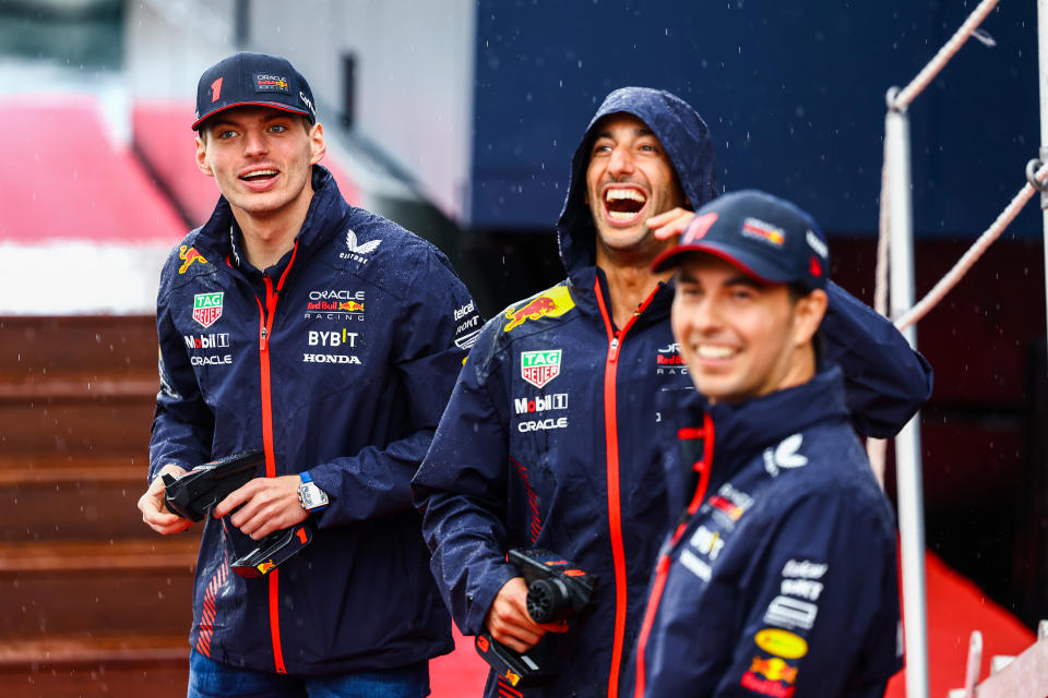 MONTE-CARLO, MONACO - MAY 25: Max Verstappen of the Netherlands and Oracle Red Bull Racing, Sergio Perez of Mexico and Oracle Red Bull Racing and Daniel Ricciardo of Australia and Oracle Red Bull Racing take part in an RC Boat contest on the Red Bull Racing Energy Station during previews ahead of the F1 Grand Prix of Monaco at Circuit de Monaco on May 25, 2023 in Monte-Carlo, Monaco. (Photo by Mark Thompson/Getty Images)