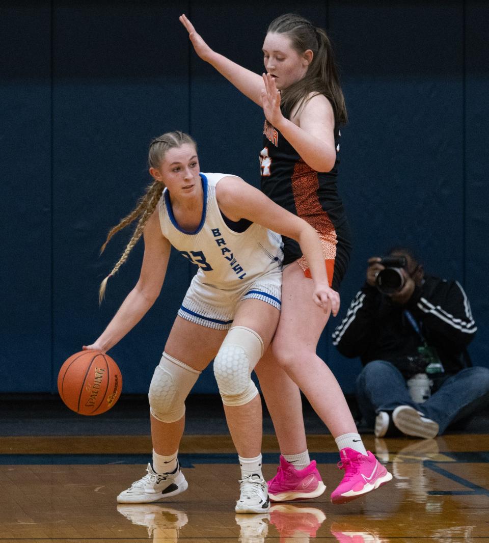 Dundee/Bradford's Mikayla Schoffner backs down Keshequa's Alicia Wood during the Section V Class C2 championship Friday, March 1 at Finger Lakes Community College.
