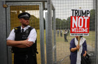 <p>A demonstrator protests next to the security fence surrounding the U.S. ambassador’s residence, Winfield House, where President Trump and first lady Melania Trump are staying, in London, July 12, 2018. (Photo: Simon Dawson/Reuters) </p>