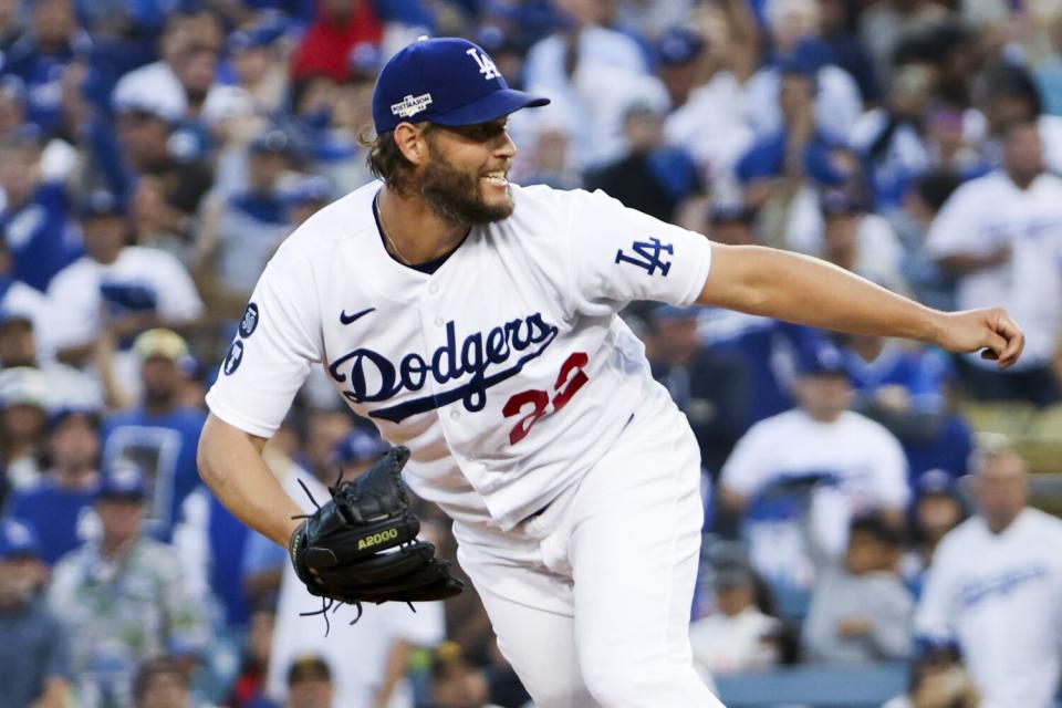 Dodgers starting pitcher Clayton Kershaw delivers against the San Diego Padres in Game 2 of the NLDS on Oct. 12.