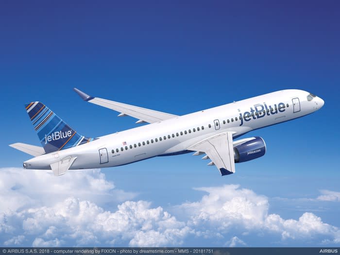 A rendering of an Airbus A220 in the JetBlue livery.