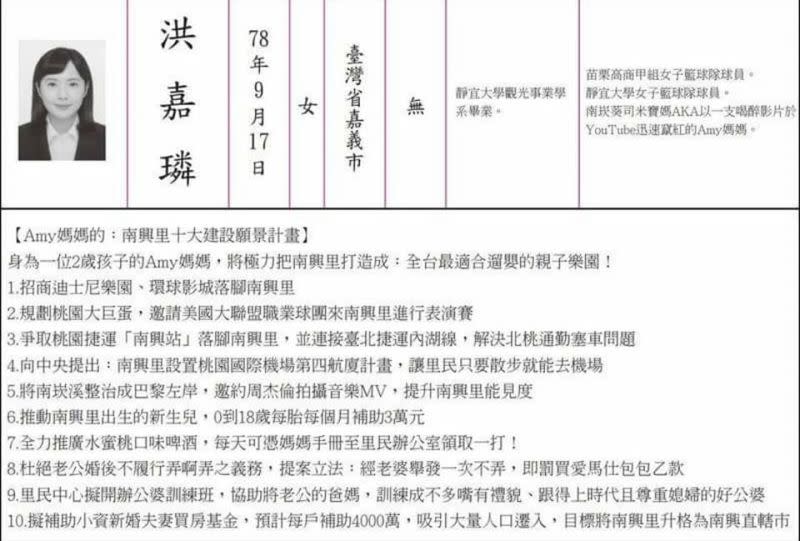 ▲桃園市蘆竹區南興里一名里長候選人洪嘉璘的選舉公報內容超狂，引起網友熱議。