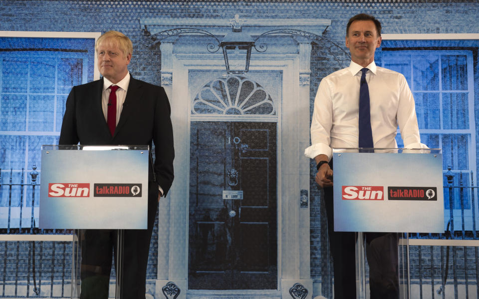 PORTSMOUTH, ENGLAND - JUNE 26: Boris Johnson and Jeremy Hunt take part in a Hustings debate hosted by the Sun/Talk Radio at Talk Radio in The News Building on July 15, 2019 in London, England. Boris Johnson and Jeremy Hunt are the remaining candidates in contention for the Conservative Party Leadership and thus Prime Minister of the UK. Results will be announced on July 23rd 2019. (Photo by Louis Wood - WPA Pool/Getty Images)