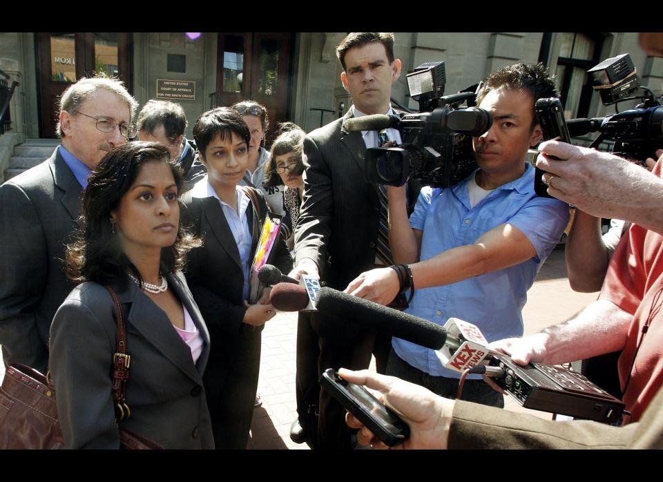 FILE - This May 11, 2012, file photo shows Nusrat Chadoury, lead attorney for the plaintiffs, National ACLU National Security Program, talking with reporters following oral arguments on the ACLU No Fly List challenge, in Portland, Ore. A federal appeals court ruled Thursday that a lawsuit over the government's no-fly list can go forward in a lower court in Oregon."More than two years ago, our clients were placed on a secret government blacklist that denied their right to travel without an explanation or chance to confront the evidence against them," Nusrat Choudhury, an ACLU lawyer who argued the case, said in a statement. "The Constitution requires the government to provide our clients a fair chance to clear their names and a court will finally hear their claims." (AP Photo/Rick Bowmer, File)