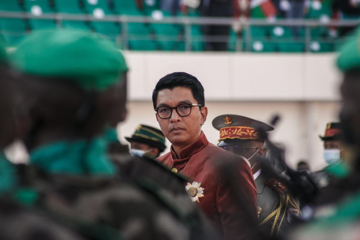 Madagascar's President Andry Rajoelina inspects troops (AFP via Getty Images)