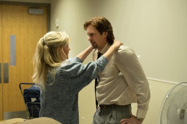 Krystal (Kirsten Dunst) and Travis (Alexander Skarsgård). Also, note that the men's "crazy" ties emulate their FAM mentors or their "uplines." Photo: <em>Patti Perret/Courtesy of Sony/Showtime</em>