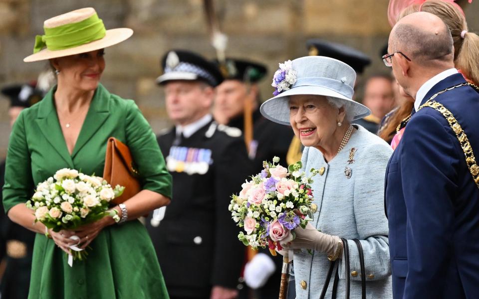 The Queen with the Countess of Wessex in Scotland on Monday - getty