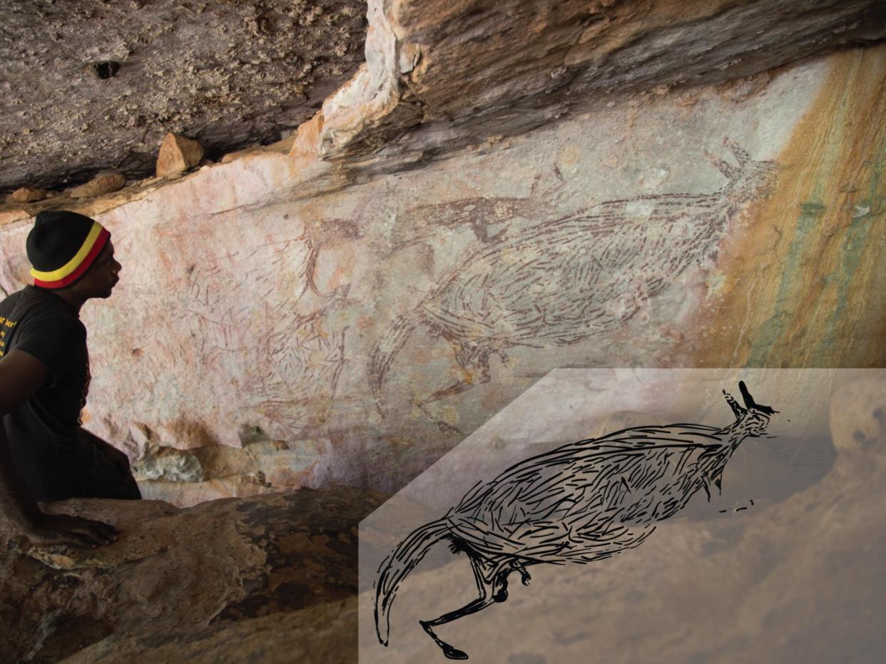 <p>Traditional owner Ian Waina inspecting the Naturalistic painting. The inset is an illustration of the painting</p> (Peter Veth and the Balanggarra Aboriginal Corporation, Illustration: Pauline Heaney)