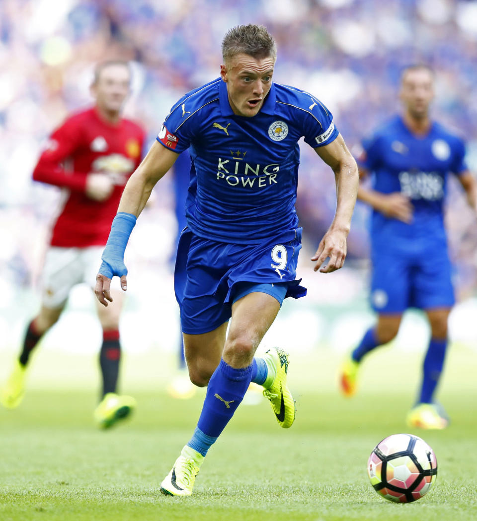 Football Soccer Britain - Leicester City v Manchester United - FA Community Shield - Wembley Stadium - 7/8/16 Leicester City's Jamie Vardy in action Reuters / Eddie Keogh Livepic EDITORIAL USE ONLY. No use with unauthorized audio, video, data, fixture lists, club/league logos or "live" services. Online in-match use limited to 45 images, no video emulation. No use in betting, games or single club/league/player publications. Please contact your account representative for further details.