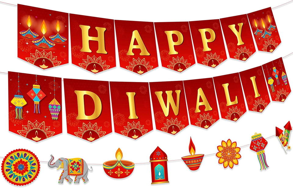 <p><a href="https://go.redirectingat.com?id=74968X1596630&url=https%3A%2F%2Fwww.walmart.com%2Fip%2FHappy-Diwali-Bunting-Banner-Diwali-Garland-Decorations-for-Indian-Festival-of-Lights-Deepavali-Themed-Party-Supplies%2F1337925613&sref=https%3A%2F%2Fwww.housebeautiful.com%2Fentertaining%2Fholidays-celebrations%2Fg45712412%2Fdiwali-decorations%2F" rel="nofollow noopener" target="_blank" data-ylk="slk:Shop Now;elm:context_link;itc:0;sec:content-canvas" class="link ">Shop Now</a></p><p>Happy Diwali Bunting Banner</p><p>walmart.com</p><p>$15.99</p>