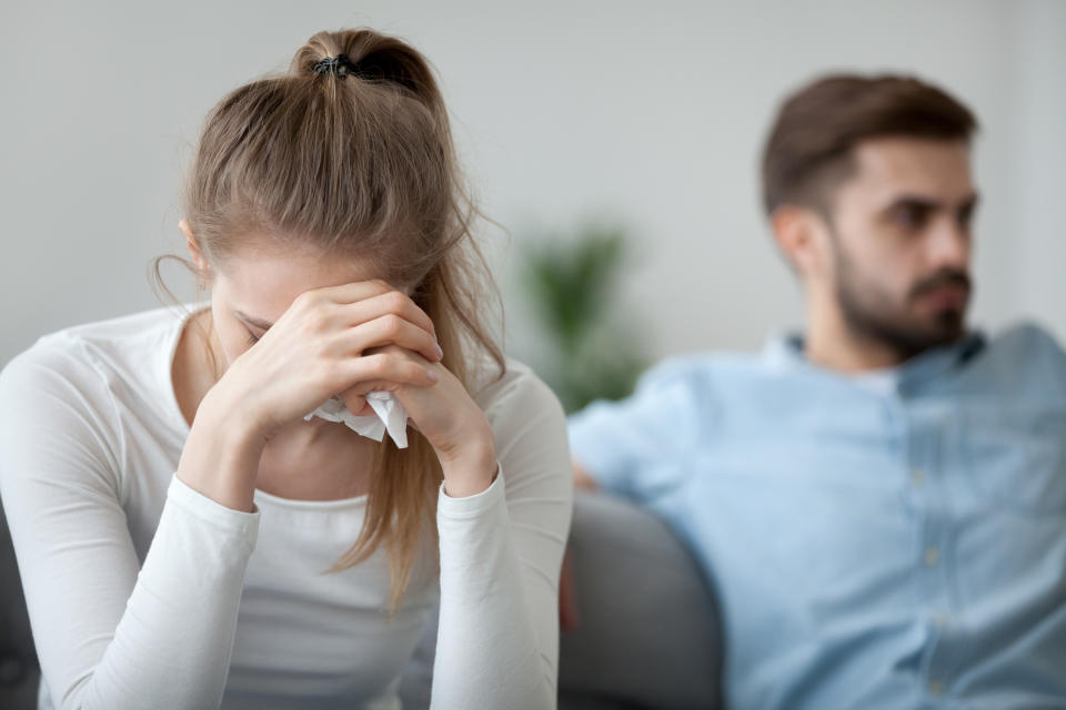 Depressed frustrated millennial woman feeling offended and sad after fight with stubborn selfish husband, unhappy young wife tired of bad relationships, worried about marriage problems concept