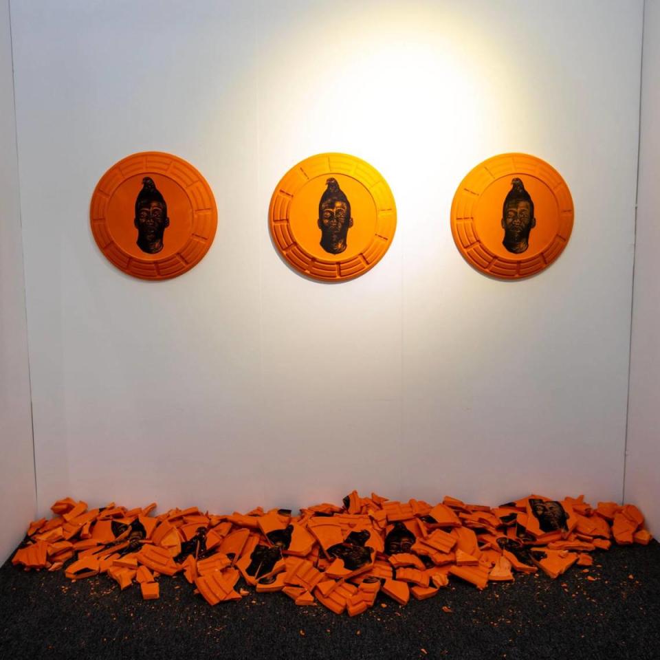 Artwork by artist Rushun Rucker is displayed at the Art Prizm Fair during Miami Art Week.
