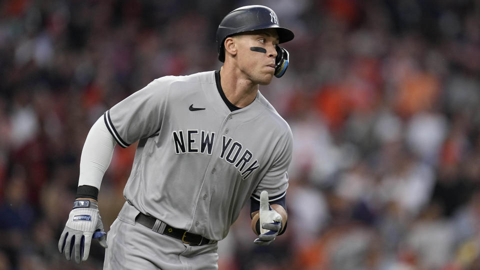 New York Yankees Aaron Judge (99) watches his ball fly out during the first inning in Game 2 of baseball's American League Championship Series between the Houston Astros and the New York Yankees, Thursday, Oct. 20, 2022, in Houston. (AP Photo/Eric Gay)