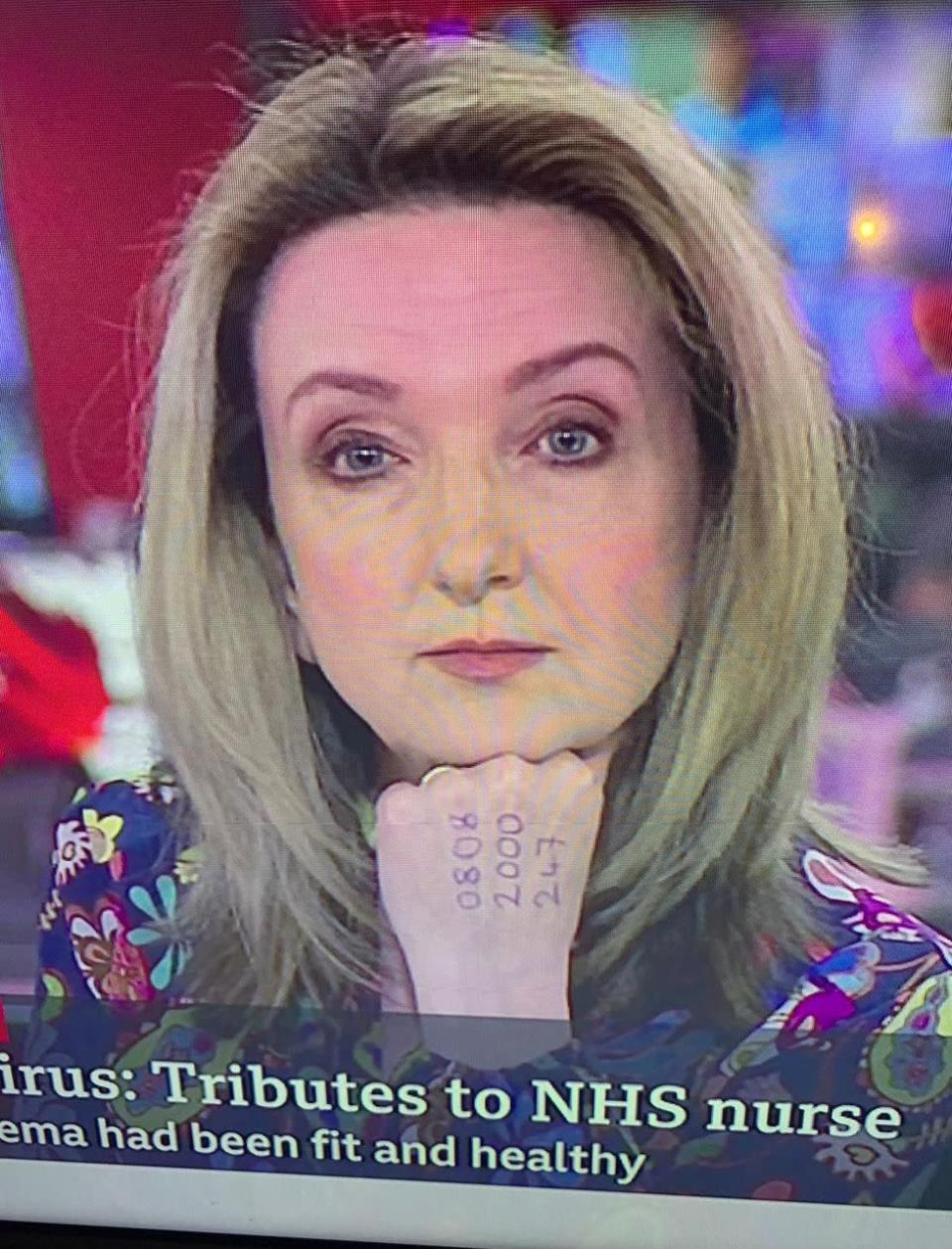 <p>Presenting BBC News on Monday morning, viewers noticed Victoria Derbyshire had a phone number written on her hand. </p><p>Inscribed was the National Domestic Abuse hotline in the UK - an attempt by the presenter to alert anyone<a href="https://www.elle.com/uk/life-and-culture/a31779483/coronavirus-self-isolation-domestic-violence/" rel="nofollow noopener" target="_blank" data-ylk="slk:trapped at home with a violent or controlling partner" class="link rapid-noclick-resp"> trapped at home with a violent or controlling partner </a>to the helpline for support.</p><p>Sharing a picture of her hand on Instagram ahead of appearing on the news, Derbyshire wrote that in just the first couple of months of lockdown there has been an 150% increase on visitors to the hotline's website and 25% increase in calls to the hotline since lockdown.</p><p>The presenter was <a href="https://twitter.com/VictimsComm/status/1247155353000628225?s=20" rel="nofollow noopener" target="_blank" data-ylk="slk:overwhelmingly praised online" class="link rapid-noclick-resp">overwhelmingly praised online</a> for the move.</p>