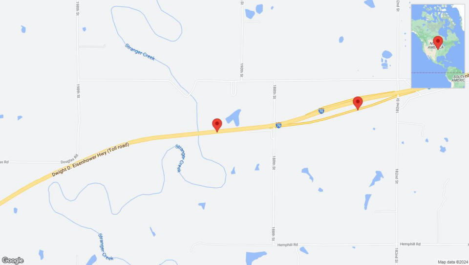 A detailed map that shows the affected road due to 'Incident on eastbound I-70 in Tonganoxie' on May 19th at 11:03 p.m.