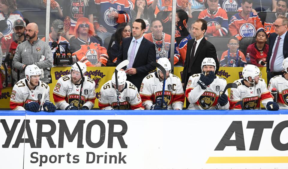 June 21, 2024; Edmonton, Alberta, CAN; Florida Panthers players and coaches react from the bench in the third period against the Edmonton Oilers in game six of the 2024 Stanley Cup Final at Rogers Place. Mandatory Credit: Walter Tychnowicz-USA TODAY Sports