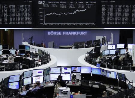 Traders are pictured at their desks in front of the German share price index DAX board at the Frankfurt stock exchange December 5, 2014. REUTERS/Remote/Stringer