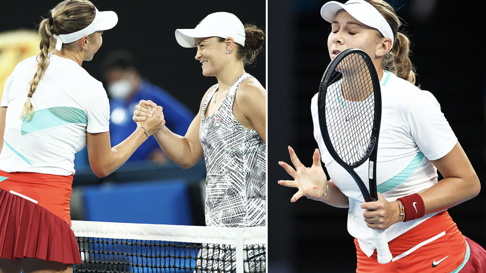 Amanda Anisimova, pictured here after a costly error against Ash Barty at the Australian Open.