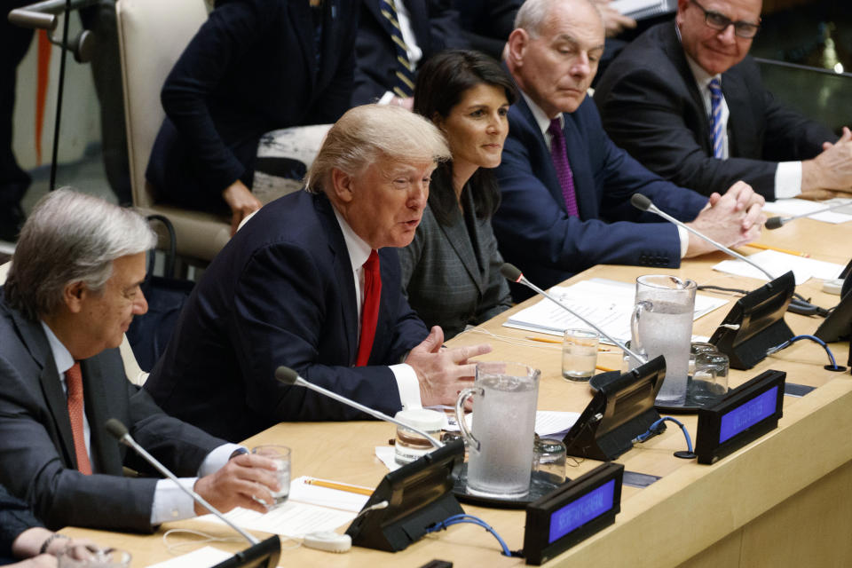 President Donald Trump speaks during the “Reforming the United Nations: Management, Security, and Development” meeting during the United Nations General Assembly, Monday, Sept. 18, 2017, in New York. From left, UN Secretary General Antonio Guterres, Trump, UN Ambassador Nicky Haley, White House chief of staff John Kelly, and National Security Adviser H.R. McMaster. (AP Photo/Evan Vucci)