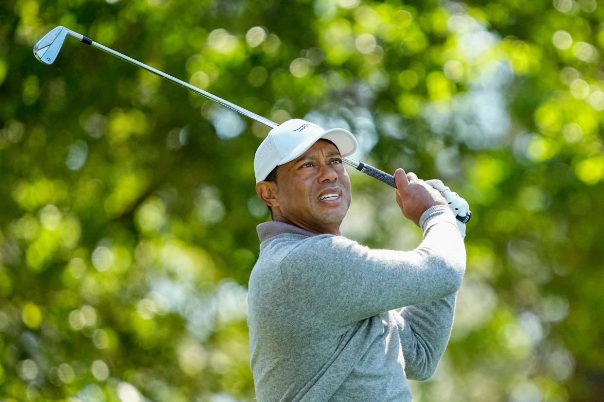 Tiger Woods tees off on No. 4 during the second round of the Masters on Friday.