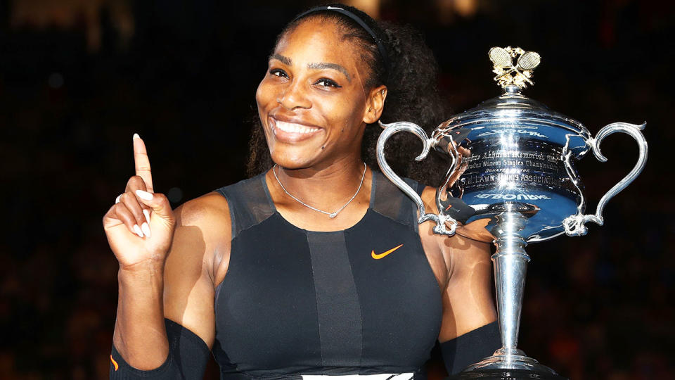 Serena Williams, pictured here with the Daphne Akhurst Trophy after winning the Australian Open in 2017.