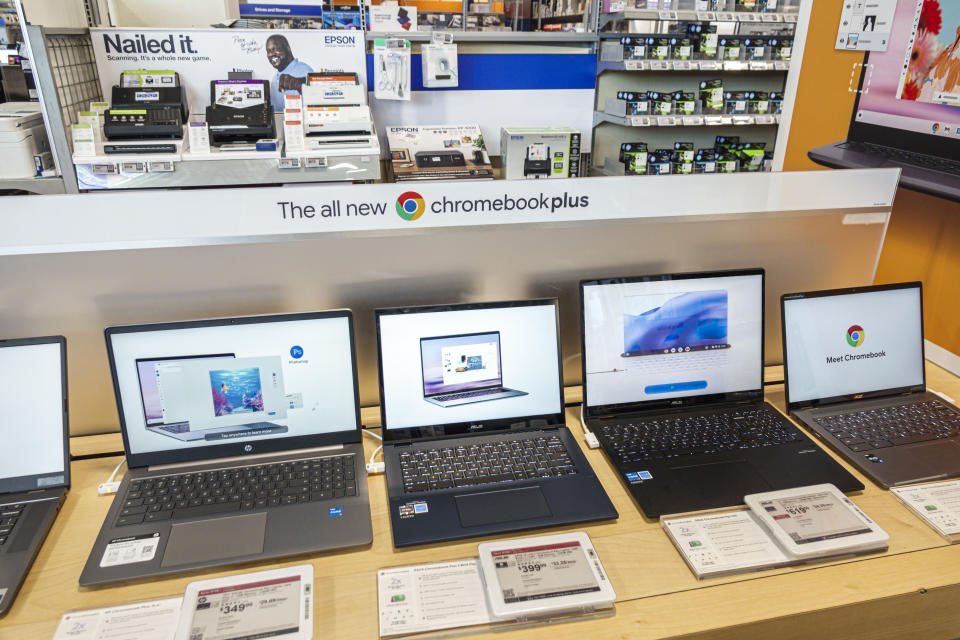 Miami Beach, Florida, Best Buy electronics retailer, Chromebook Plus laptop display. (Photo by: Jeffrey Greenberg/Universal Images Group via Getty Images)