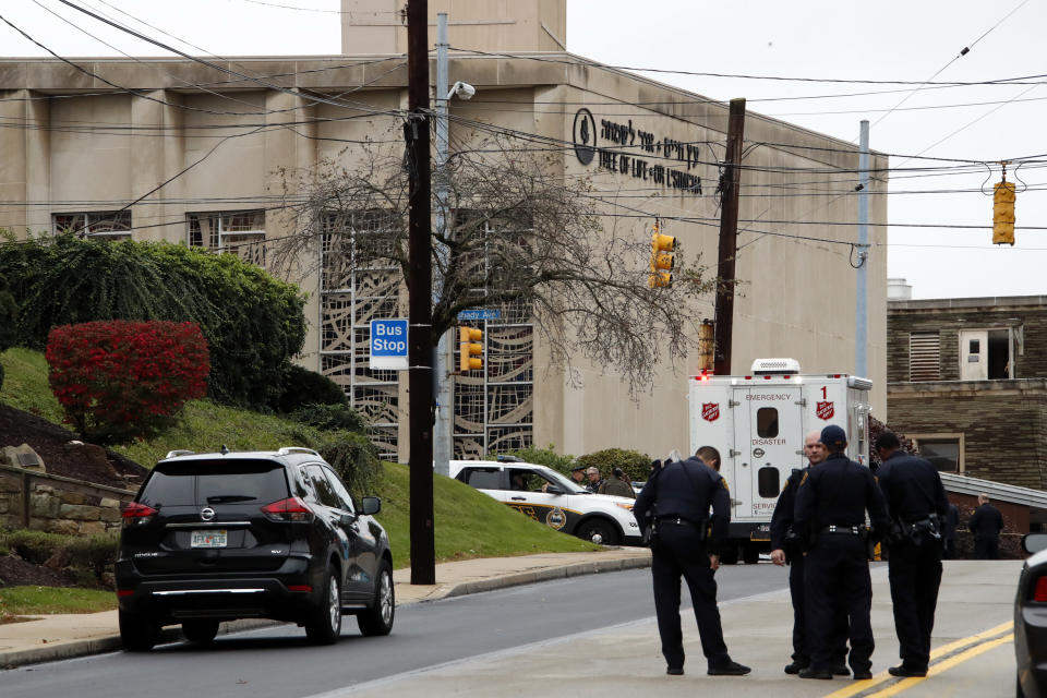 First responders stand outside the Tree of Life synagogue in Pittsburgh, where a shooter opened fire on Oct. 27, 2018. (Photo: Gene J. Puskar/AP)