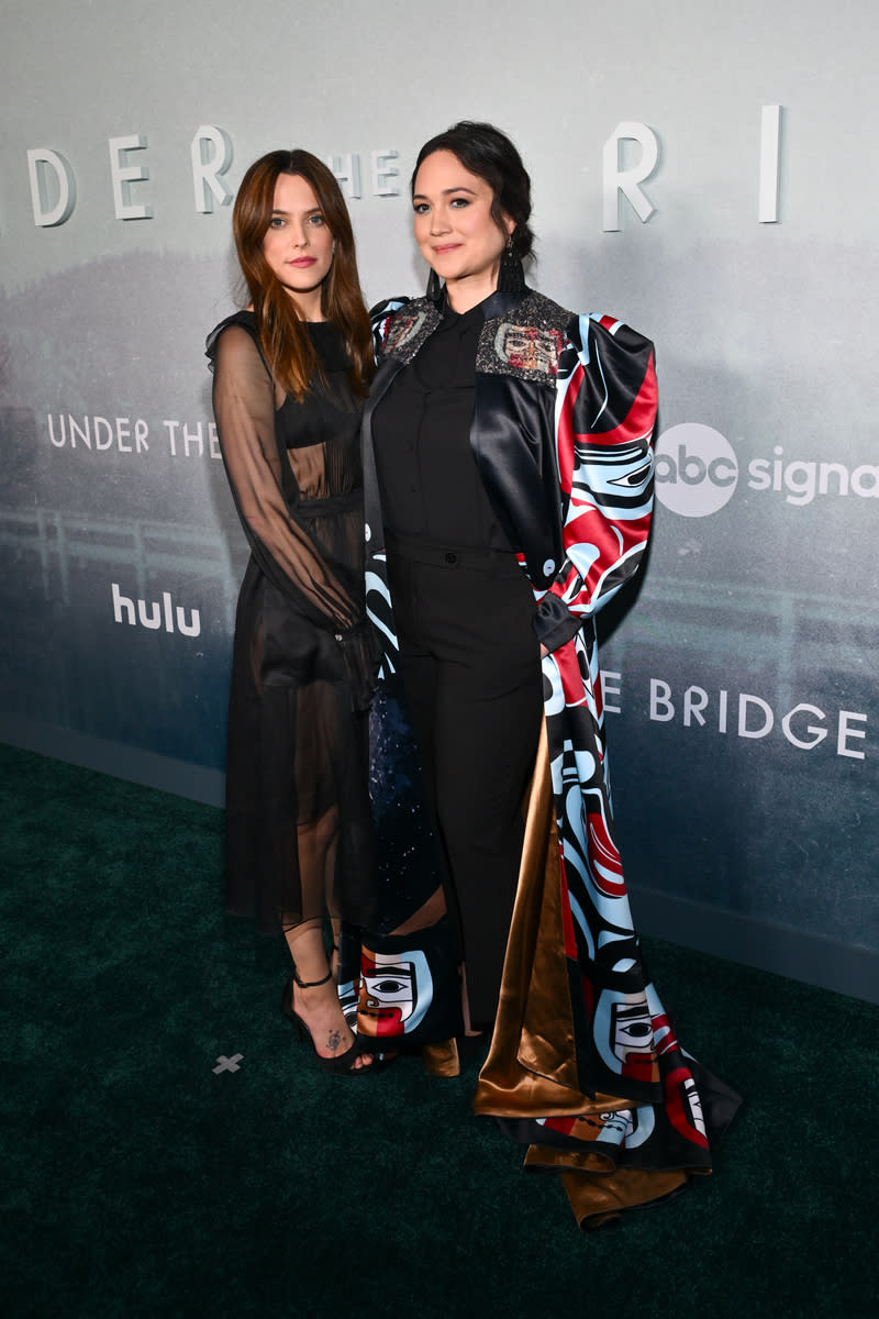 Riley Keough and Lily Gladstone at the premiere of "Under The Bridge" on April 15 in Los Angeles, Chanel, red carpet, celebrity style, Himikalas Pamela Baker