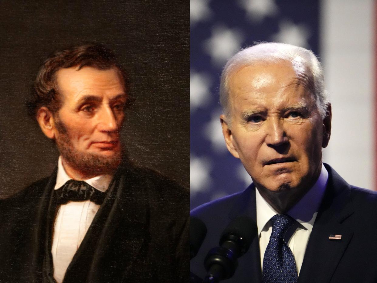 A photo illustration shows a portrait of Abraham Lincoln and a photo of President Joe Biden. Documents from the National Archive revealed that then President Lincoln pardoned one of Biden's ancestors